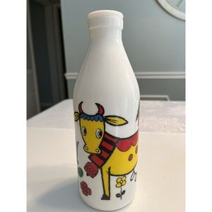 Vintage Egizia Hand Painted Folk Art Farmhouse Cow Glass Milk Bottle Italy